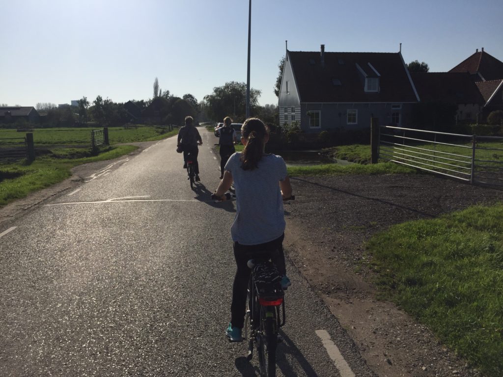 People on bikes along road